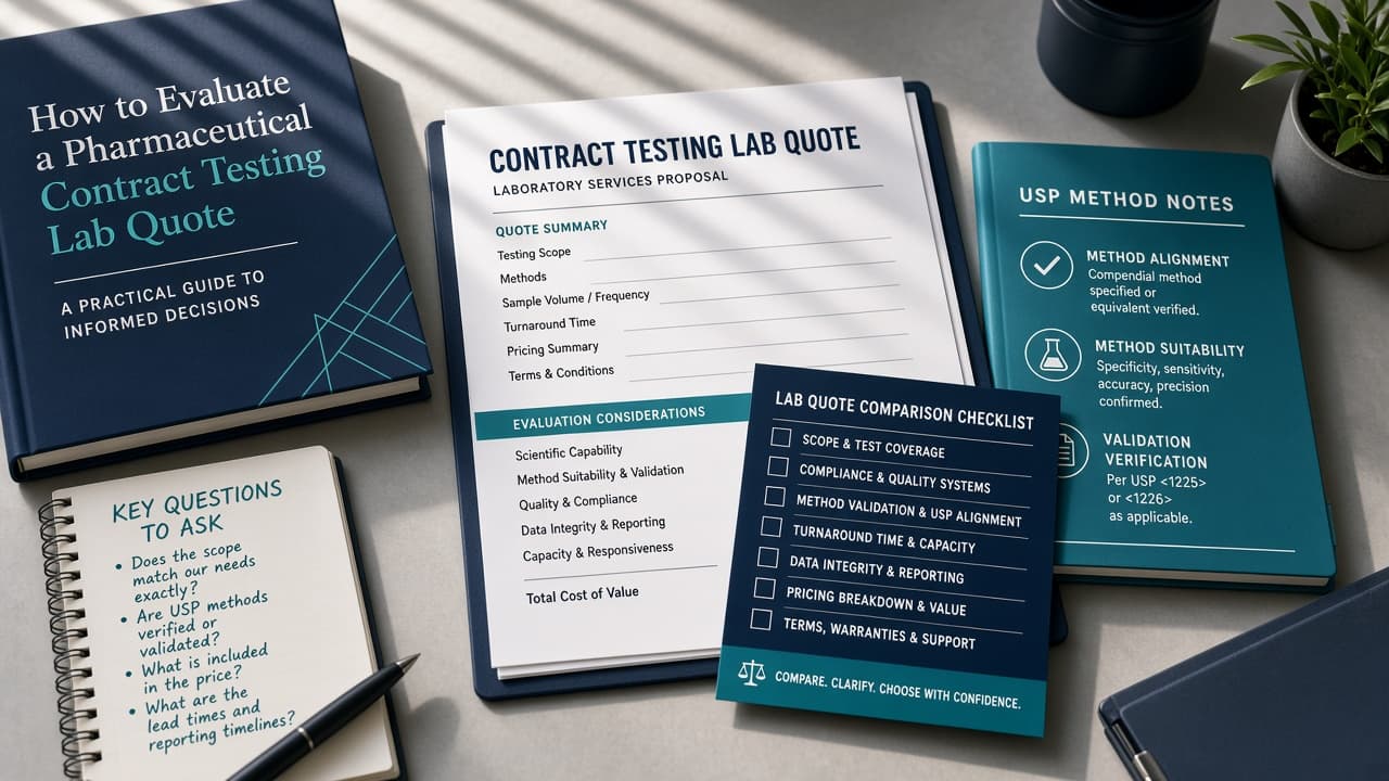Desk scene representing evaluation of pharmaceutical laboratory quotes