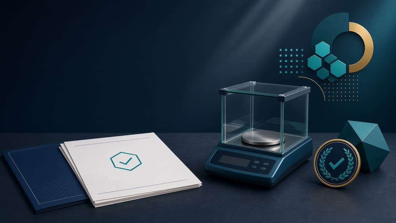 Laboratory quality and accreditation still life in navy and teal tones