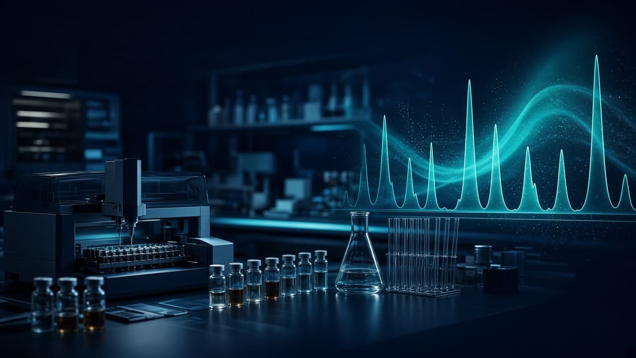 Analytical chemistry laboratory scene for potency assay testing