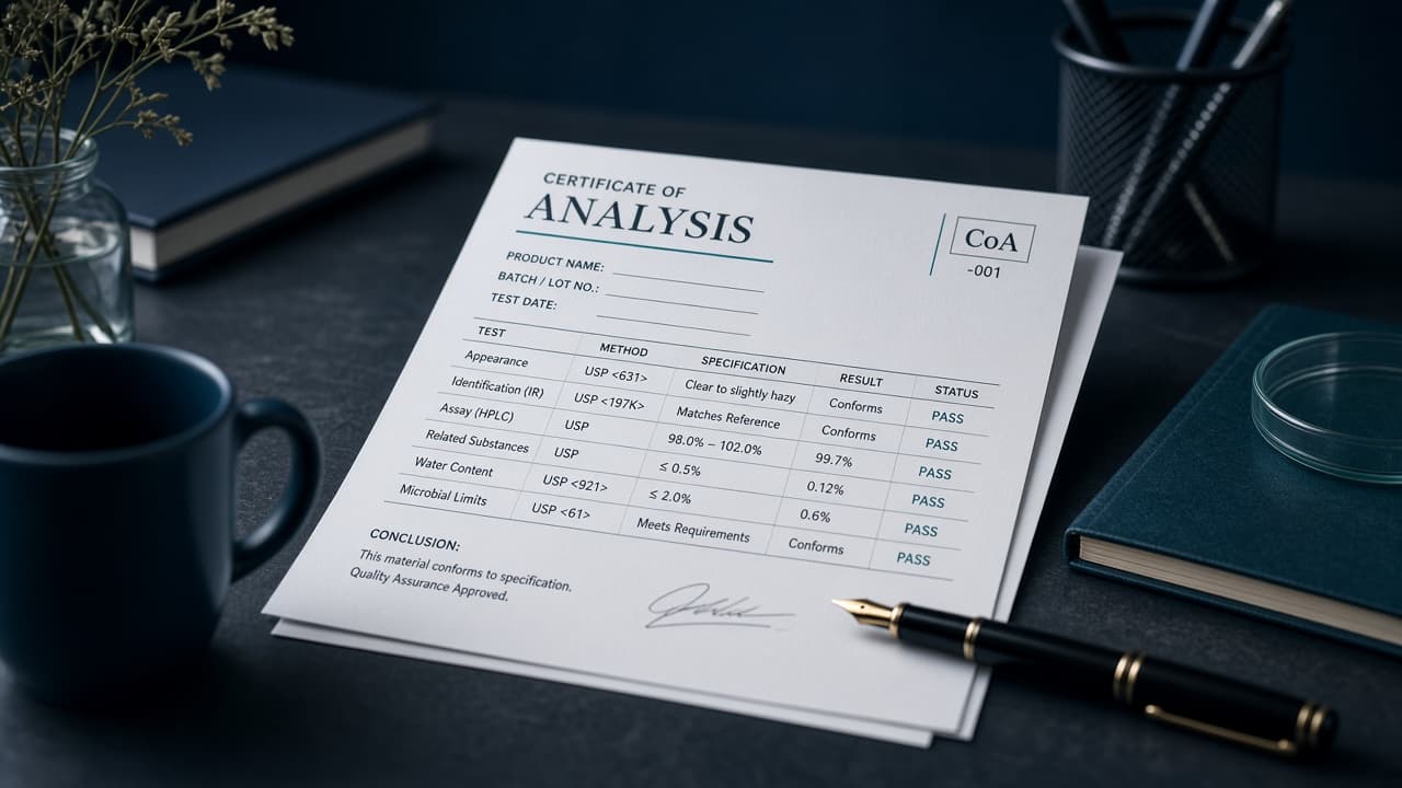 Certificate of analysis documents on a quality desk