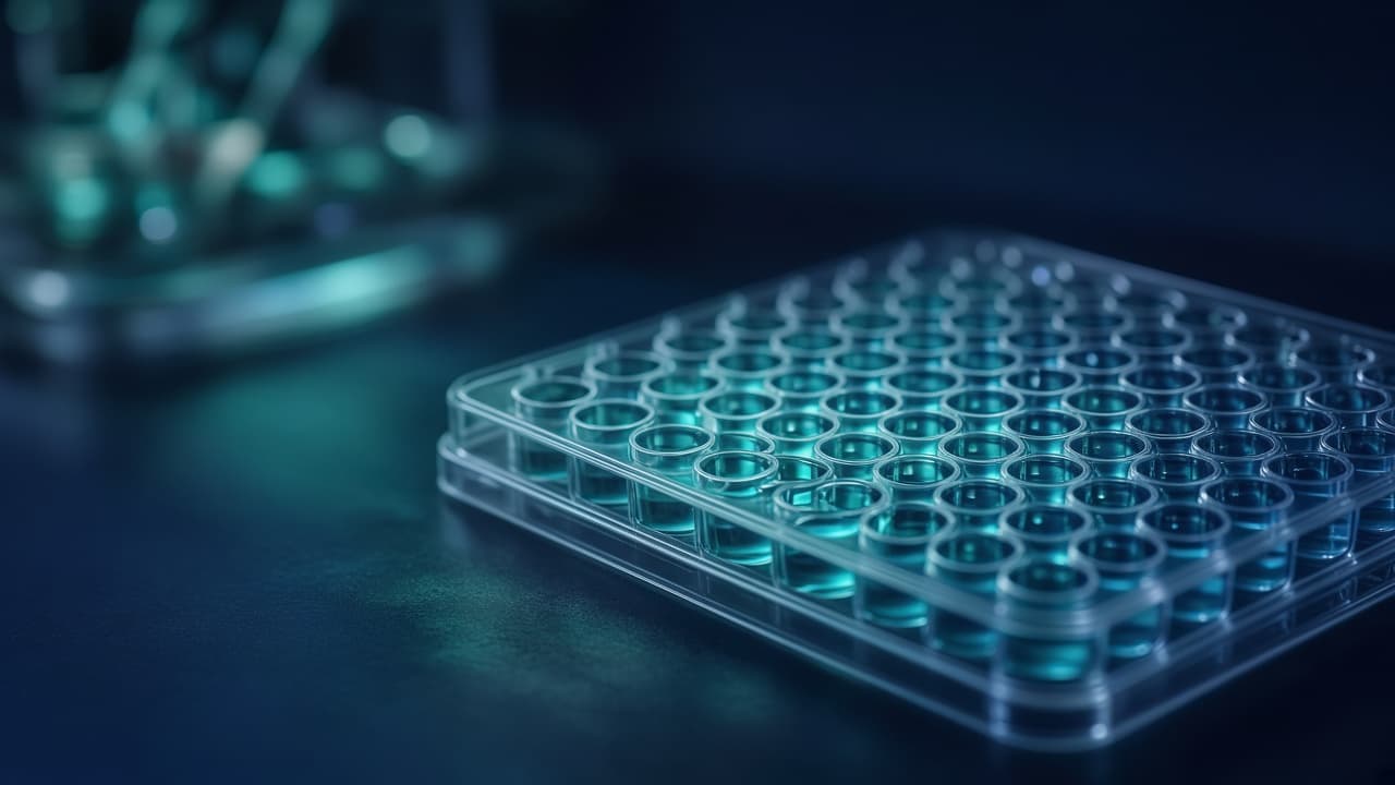 Assay plate aesthetic representing antimicrobial effectiveness testing