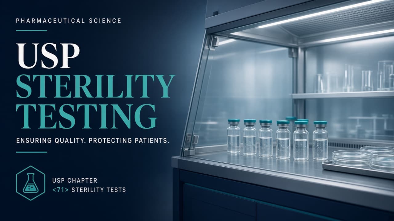 Sterile pharmaceutical laboratory scene representing USP sterility testing
