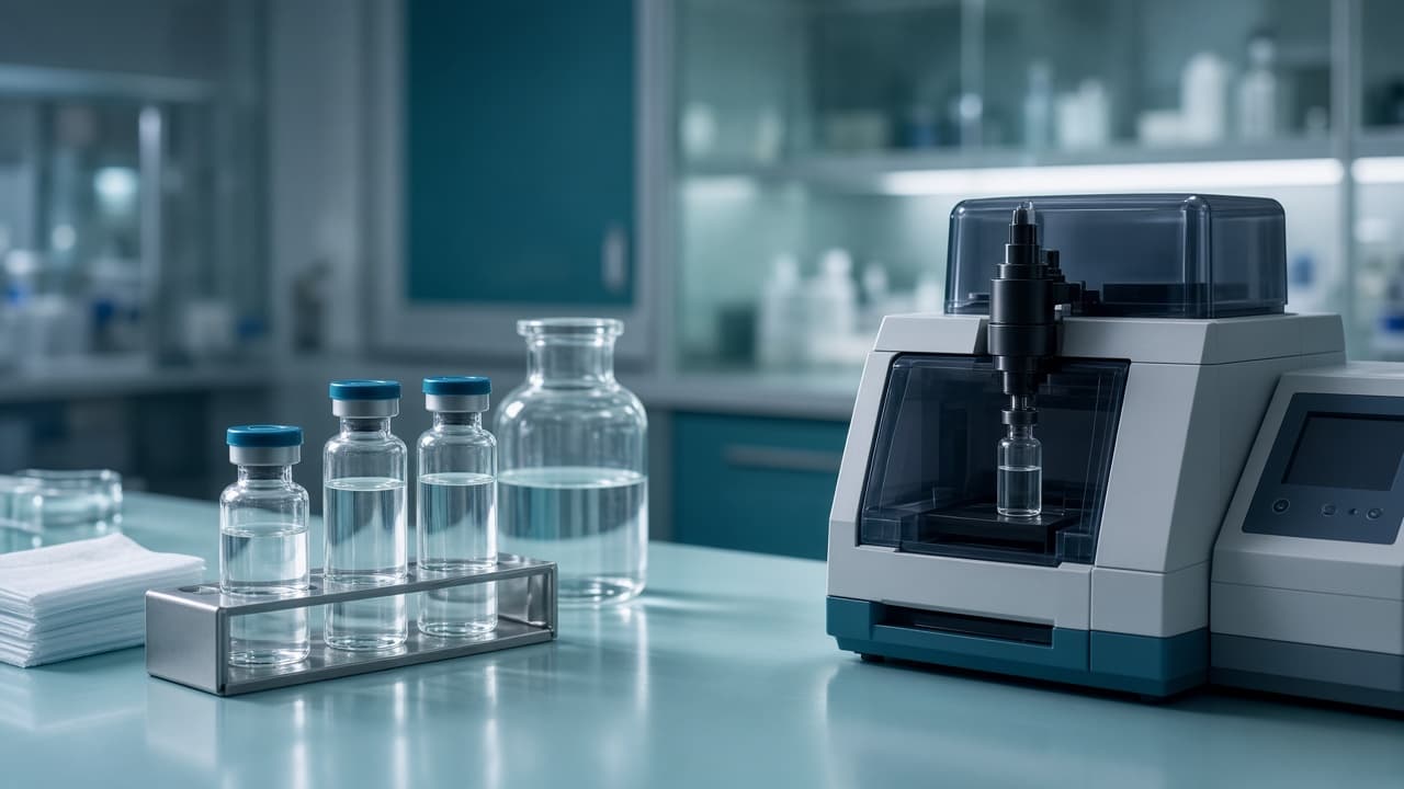 Clear injectable vials representing particulate matter testing